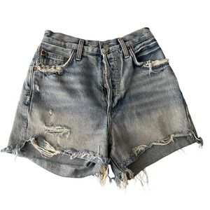 AGOLDE Dee Shorts Denim Light Wash Distressed Button Front High Rise Sz 24 Blue